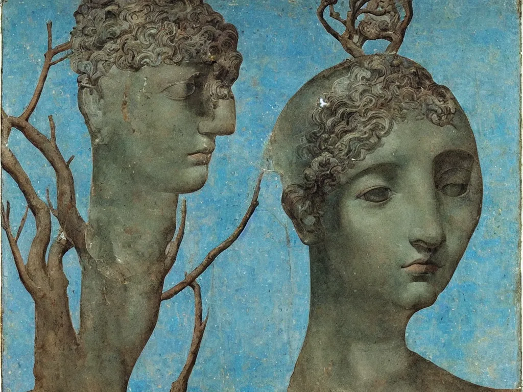 Image similar to marble greek sculpture head of a tree god with inlaid crystal eye. lapis - lazuli, turquoise, malachite, cinnabar, earth brown. painting by piero della francesca, balthus, agnes pelton