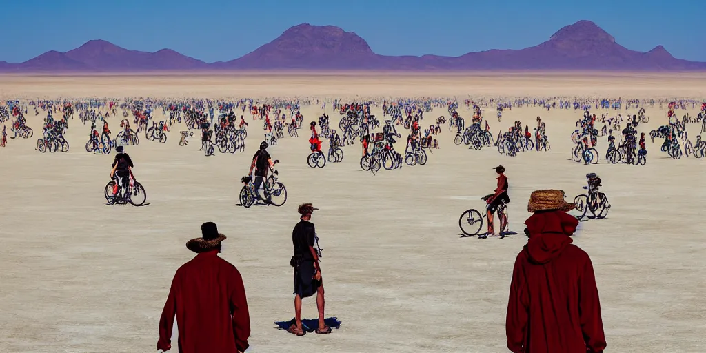 Image similar to Burning man festival, with blue light dark blue sky, long cloths red like silk, ants are big and they shine on the sunlight, there are sand mountains on the background, a very small oasis on the far distant background along with some watch towers, ants are perfect symmetric insects, man is with black skin, the man have a backpack, the man stands out on the image, the ants make a line on the dunes, the sun up on the sky is strong, the sky is blue and there are some clouds, its like a caravan of a man guiding many ants on the dunes of the desert, colors are strong but calm, volumetric, detailed objects, Arabica style, wide view, Charlie Bowater octane render trending on artstation d&d characters, 4k, 8k, HD,