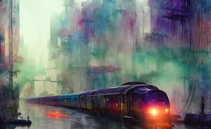 Image similar to an urban train rides inside of a waterway on a fantasy city. intricate, amazing composition, colorful watercolor, by ruan jia, by maxfield parrish, by marc simonetti, by hikari shimoda, by robert hubert, by zhang kechun, illustration, gloomy, volumetric lighting