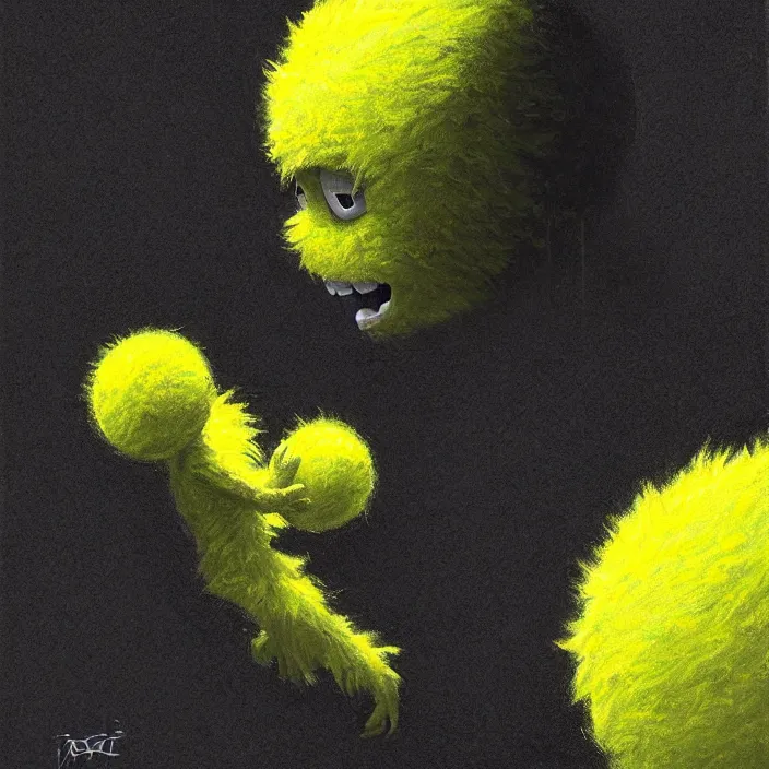 Image similar to cinematic portrait of a cute tennis ball monster in the abyss of space, chalk, masterpiece, trending on artstation, featured on pixiv, cinematic composition, dramatic pose, beautiful lighting, sharp details, hyper-detailed, HD, HDR, 4K, 8K, art by Basil Gogos