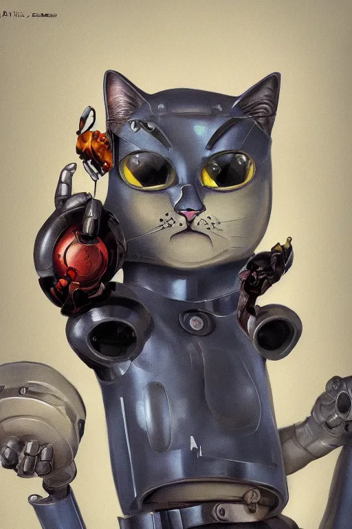 Prompt: a cat robot, painted by wally wood and matt jefferies, trending on artstation, bright macro view pixar, award - winning, blueprint, chillwave, realism