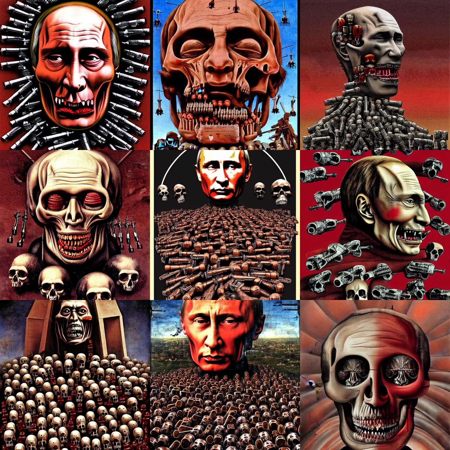 Prompt: huge monument of angry vladimir putin made from skulls and guns and bombs that assiciated with blood, horror and terror. dark reddish color palette detailed digital painting by giuseppe arcimboldo, salvador dali, hieronymus bosch, h. giger