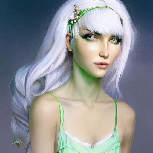 Image similar to ultra realistic illustration, dream girl with white hair, with light green eyes, with cat ears, in a sundress, intricate, elegant, highly detailed, digital painting, artstation, concept art, smooth, sharp focus, illustration, art by artgerm and greg rutkowski and alphonse mucha