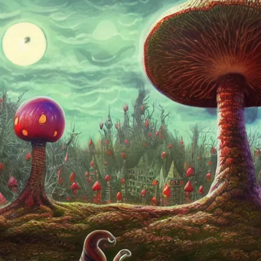 Image similar to A centered chest up portrait of a psychedelic demonic anthropomorphic snake smoking a hand-rolled cigarette smoking heavily , magic mushroom village in background , award winning. superb resolution. in the art style of junji Ito and greg rutkowski . Detailed Mushroom city in background. Hyper realistic anime. Perfect art. Dalle2