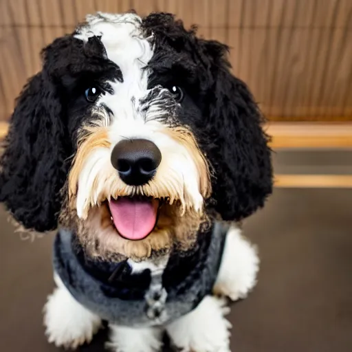 Image similar to a closeup photorealistic photograph of a cute smiling knitted bernedoodle judge dog dressed in a black gown, presiding over the courthouse. indoor image, professional capture, well lit shot. this 4 k hd image is trending on artstation, featured on behance, well - rendered, extra crisp, features intricate detail, epic composition and the style of unreal engine.