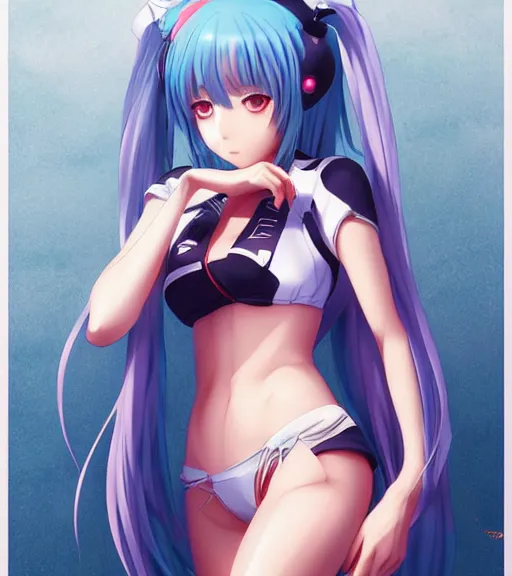 Prompt: Anime art of beautiful Hatsune miku with beautifel legs by artgerm, makoto sinkai, magali villeneuve, Gil Elvgren, Earl Moran,Enoch Bolles, symmetrical shoulders, evangelion style eyes, round thighs, bellybutton, abs, cute panties