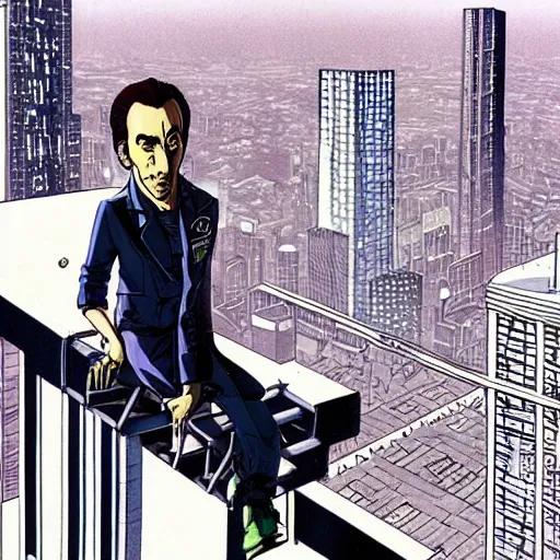 Image similar to Nic Cage sitting high atop the city on the edge of a building, cyberpunk, cel illustration, exquisitely detailed, Monkey Punch, Hayao Miyazaki, Kazuma Kaneko