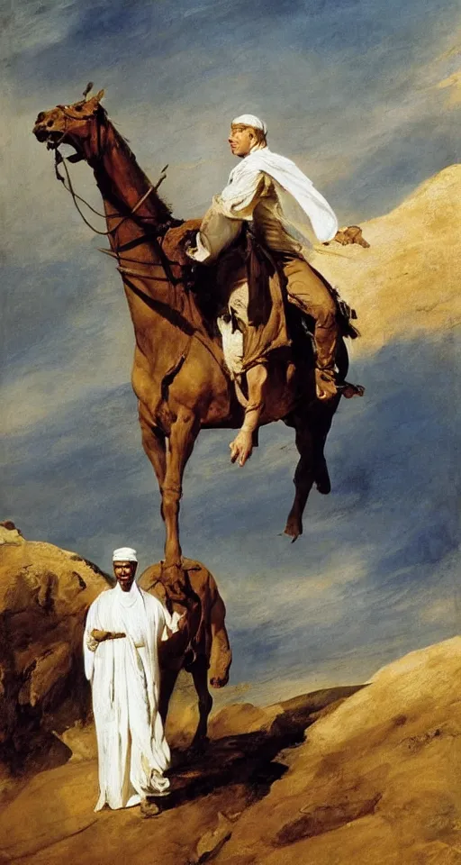 Image similar to a film still of lawrence of arabia by william turner, by theodore gericault, by caspar david friedrich, by frank frazetta oil painting, romantism, realism, limited palette