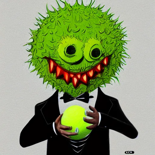 Prompt: a tennis ball monster, tennis ball, dark, chalky, wearing a suit, digital art, fantasy, magic, trending on artstation, ultra detailed, professional illustration by Basil Gogos