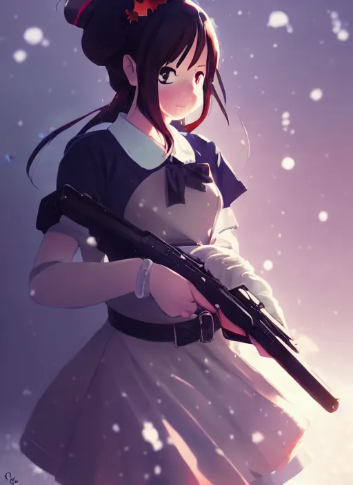 Prompt: portrait of anime maid maid dress with gun in hands running winter by greg rutkowski, key visual, kyoto animation, makoto shinkai, studio ghibli pixiv, sharp, detailed, high quality, award winning trending on artstation