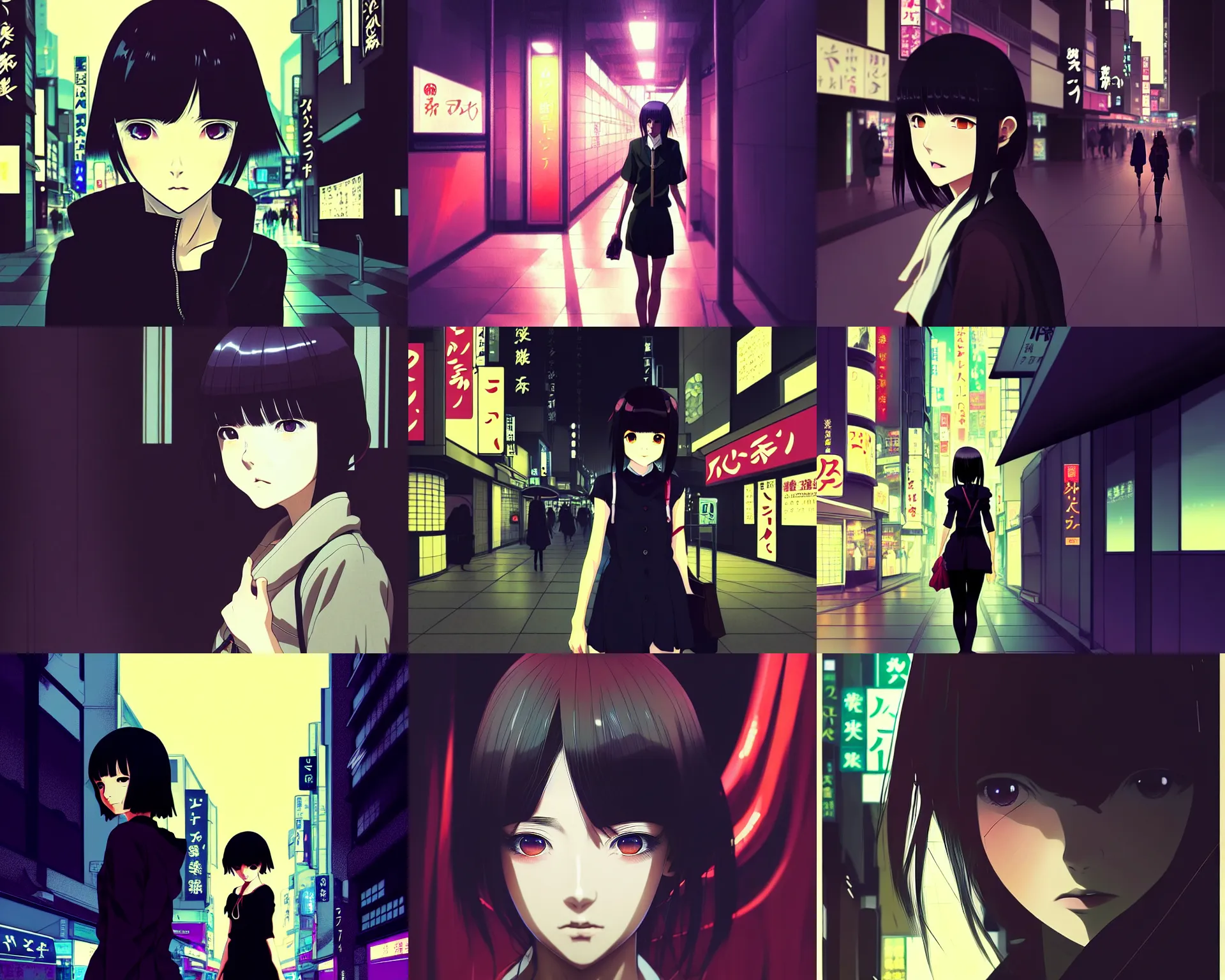 Prompt: anime visual, dark portrait of a young female traveler in shibuya at night shopping, very low light, beautiful face by ilya kuvshinov, yoh yoshinari, dynamic pose, dynamic perspective, cel shaded, flat shading mucha, rounded eyes, moody, detailed facial features, ghost in the shell