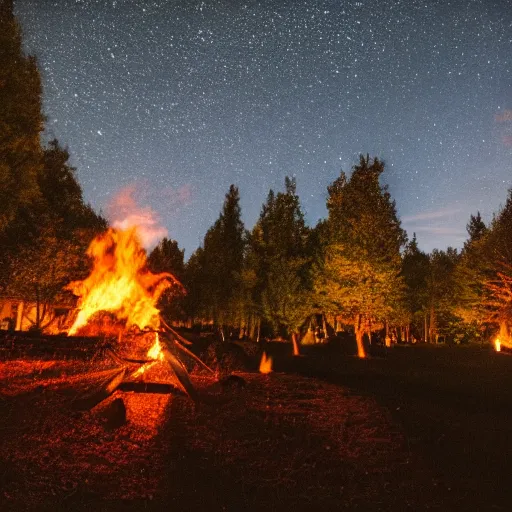 Image similar to a photo of a nighttime scene with a fire illuminating the trees