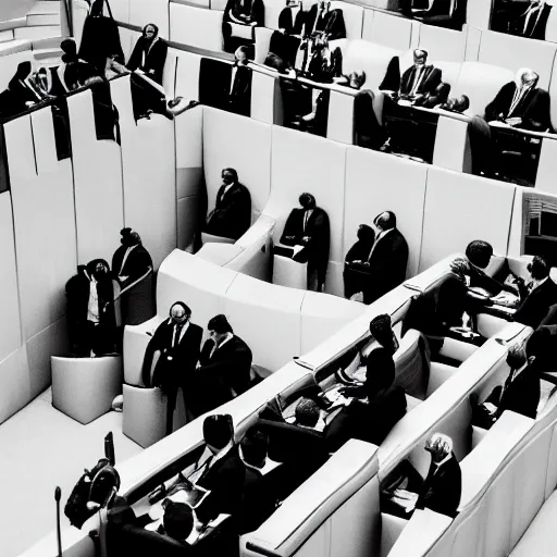 Image similar to chaotic fight between politicians inside the parliamentary chambers, black and white photography, dynamic composition, sharp, strong light and dark contrast