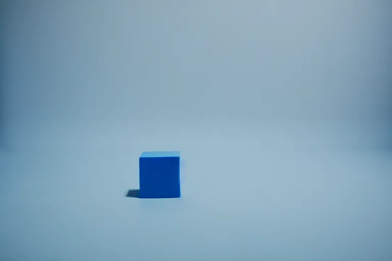 Image similar to single blue cube on white studio floor, soft light, 3 5 mm