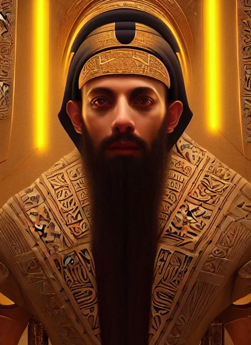 Image similar to symmetry!! portrait of ancient pharaoh as a jewish rabbi wearing traditional attire, sci - fi, tech wear, glowing lights!! intricate, elegant, highly detailed, digital painting, artstation, concept art, smooth, sharp focus, illustration, art by artgerm and greg rutkowski and alphonse mucha