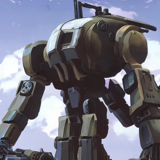Image similar to a mech with guns on each arm preparing for combat, battlefield, dead trees, fire, smoke, dark clouds, slightly sunny, ominous, intense, epic, extremely detailed, cinematic lighting, studio ghibli, anime,