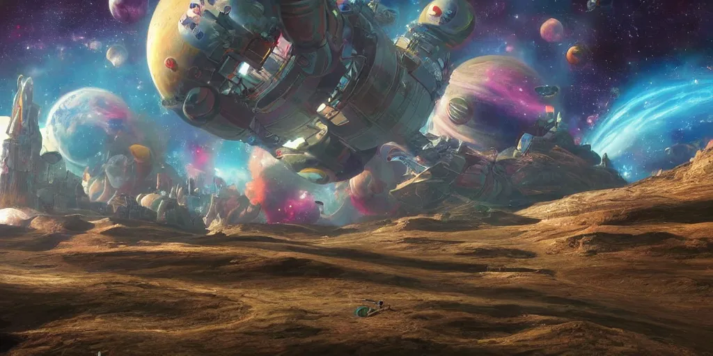 Prompt: a beautiful painting of an elaborate space sci - fi scene painted by bosch and lisa frank, detailed, unreal engine