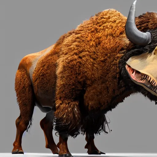 Prompt: A mix of a bison and a tyrannosaurus rex, highly detailed, 8k, Unreal Engine render