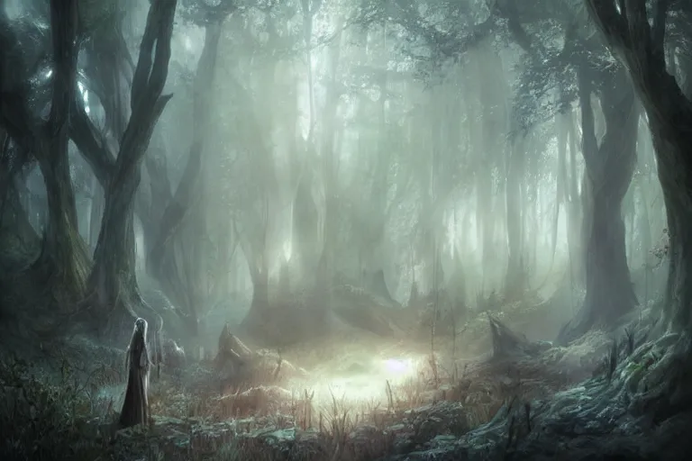 Image similar to an old elven wood, a view to an eerie fantasy world, ethereal back light, mist, coherent composition, detailed fantasy painting by artgerm