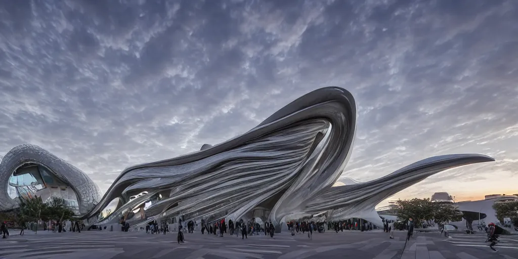 Image similar to extremely detailed ornate stunning sophisticated beautiful elegant futuristic museum exterior by Zaha Hadid, stunning volumetric light, sunset, concrete ant translucent material, stunning skies, 8k dragonfly structural pattern