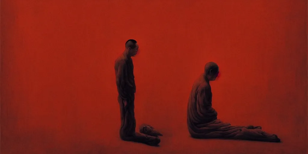 Prompt: a chinese prisoner, in the style of beksinski, parts by edward hopper, parts by rodcenko, parts by yue minjun, parts by glenn brown, parts by hans bellmer, intricate and epic composition, symmetrical, red by caravaggio, insanely quality, highly detailed, masterpiece, red light, chiaroscuro, artstation, 4 k