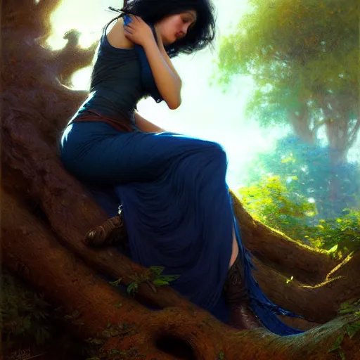 Image similar to portrait of a strong woman resting on a large tree, short black hair, thoughtful experssion, slender dark blue clothing, bare legs sharp focus, ultra realistic digital painting, colorful, cinematic lighting, high fantasy, intricate, highly detailed, smooth, elegant, gaston bussiere, bayard wu, greg rutkowski