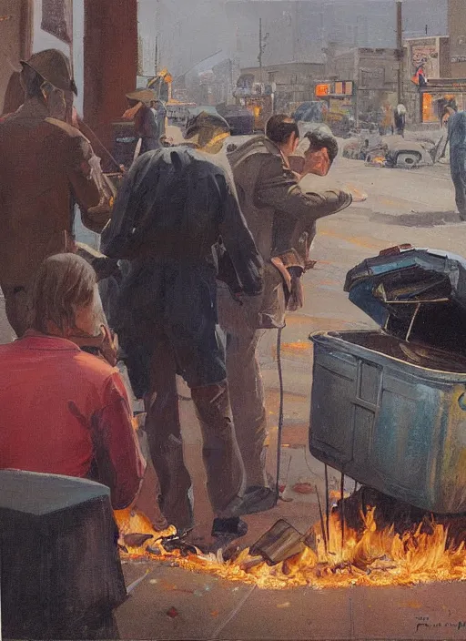 Prompt: people staring into a burning trashcan, an ultrafine detailed painting by john philip falter, austin briggs, cg society, american scene painting, dystopian art, american realism, academic art