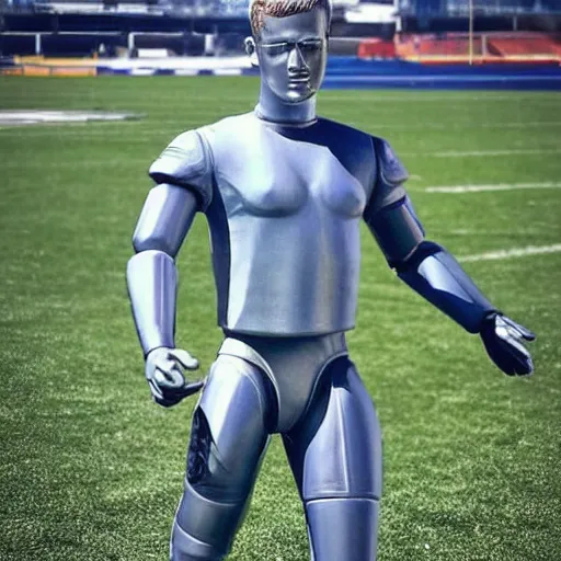 Image similar to “ a realistic detailed photo of a guy who is an attractive humanoid who is half robot and half humanoid, who is a male android, football player christian mccaffrey, shiny skin, posing like a statue, blank stare, on the field, on display ”