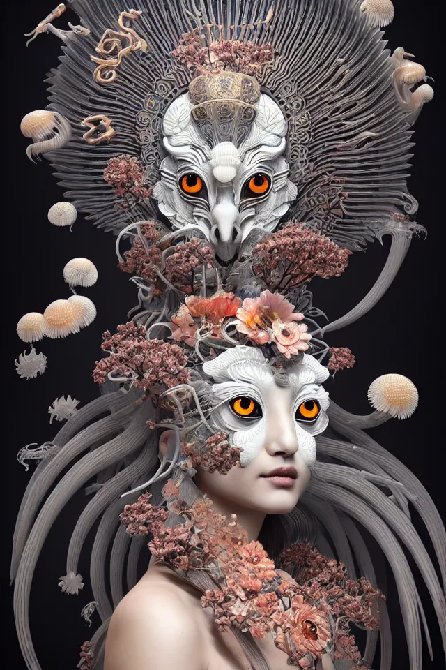 Image similar to 3 d goddess close up portrait with ram skull. beautiful intricately detailed, japanese crow kitsune mask and clasical japanese kimono, betta fish, jellyfish, phoenix, bio luminescent, plasma, ice, water, wind, creature, artwork by tooth wu and wlop and beeple and greg rutkowski