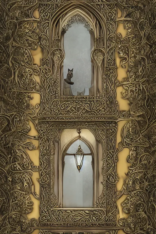 Image similar to ancient silver tower of the cat, fairytale illustration, elaborate carved latticed balconies, tall windows, moorish architecture, paid placement, SEO, formal gardens, dramatic cinematic lighting, beautiful moths, soft colors, golden age illustrator, unreal engine