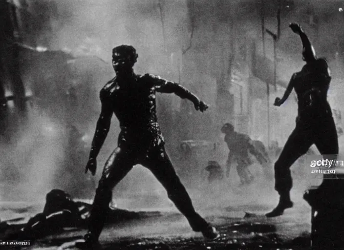 Image similar to action scene from the 1912 science fiction film Blade Runner