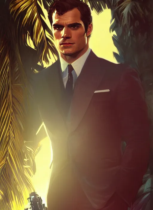 Image similar to portrait of henry cavill as james bond, key art, palm trees, vintage aston martin, highly detailed, digital painting, artstation, concept art, cinematic lighting, sharp focus, illustration, by gaston bussiere alphonse mucha