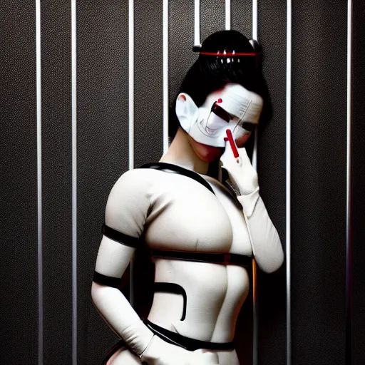 Image similar to a hyper realistic futuristic, minimal, stunningly cyborg tradition geisha photograph, covering face with a intricate sci - fi equipment, high fashion, in a dark futuristic room, metal gear solid, dark moody backlighting, paper door, ray tracing, ambient light, octane render,