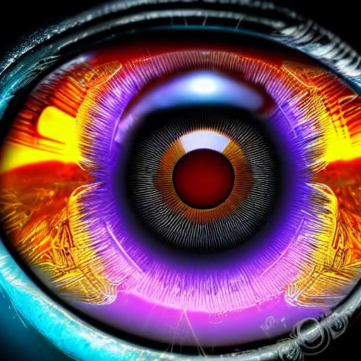 Image similar to Cybernetic Eye with intricate reflections, Close up, colorful, fantasy, vivid colors, concept art, sharp focus, digital art, Hyper-realistic, 4K, Unreal Engine, Highly Detailed, HD, Dramatic Lighting by Brom, trending on Artstation