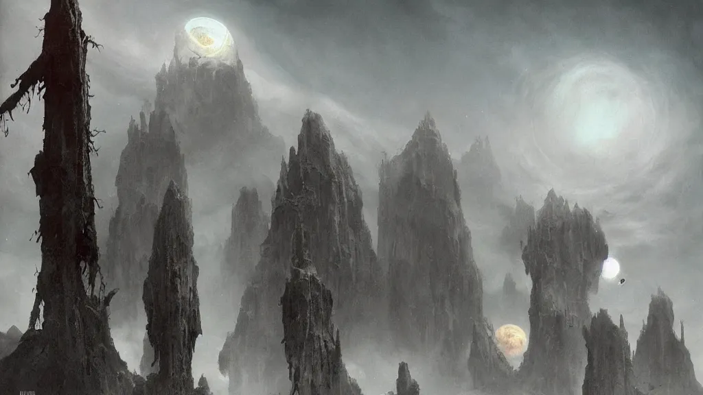 Image similar to eerie atmospheric alien worlds by john schoenherr and glenn barr, epic cinematic matte painting