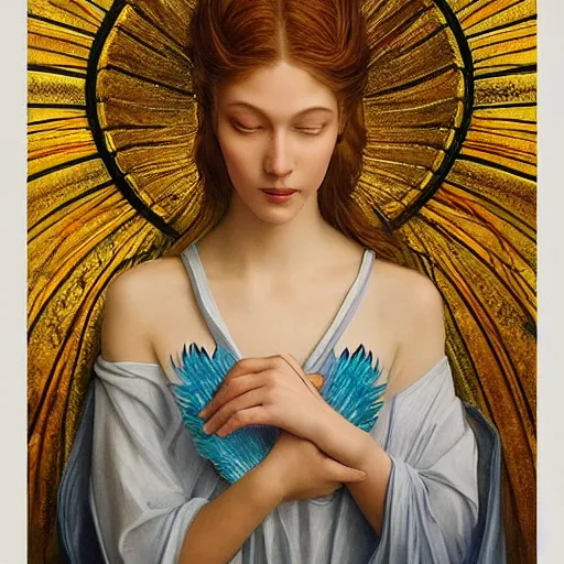 Prompt: a beautiful!!! portrait of an angel made of origami with a bright gilded halo and white feathery wings, a masterpiece!! matte painting, inspired by watercolor and stained glass, inspired by karol bak, trending on artstation, crepuscular rays, somber, bokeh, vray
