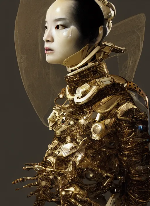 Image similar to portrait of a futuristic artificial intellegence geisha cyborg, kintsugi, modern fine art, fractal, intricate, elegant, highly detailed, digital photography, subsurface scattering, by jheronimus bosch and greg rutkowski,