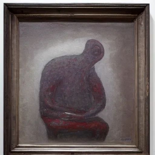 Image similar to an impasto pensive painting by shaun tan of an abstract forgotten sculpture by the caretaker and ivan seal