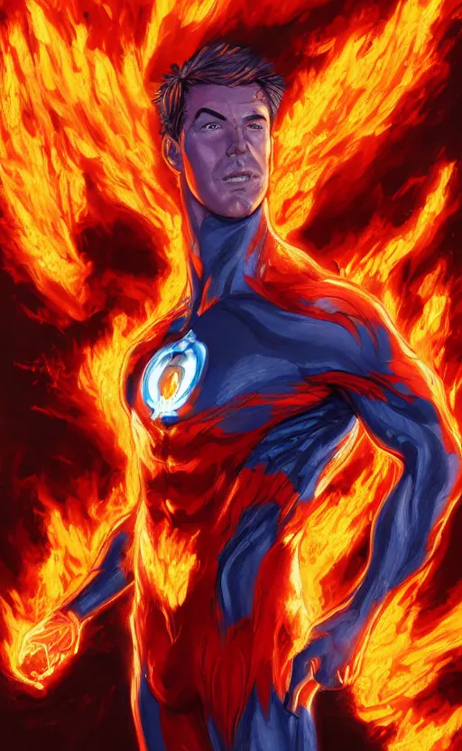 Prompt: human torch, highly detailed, digital painting, artstation, standing, flames around body, facing forward, concept art, smooth, sharp focus, illustration, art by arthur adams and ross tran, in the style of krenz cushart and ilya kuvshinov, oil on canvas, high definition digital art, 8k, volumetric lighting