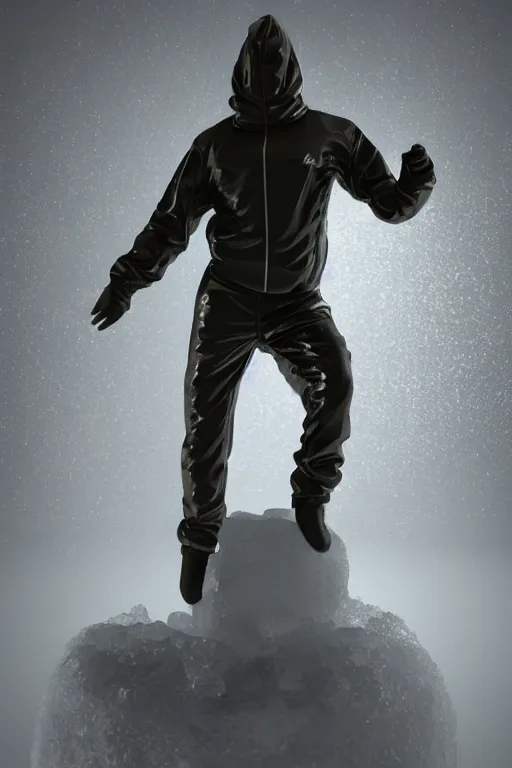 Image similar to ice sculpture of squatting man in tracksuit, shiny, ultra realistic render, 4k, volumetric lighting, highly detailed, studio lighting, octane render, glowng, ray tracing, cold mist, bokeh