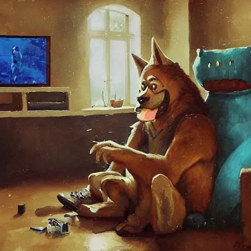 Image similar to a humanoid german shepherd beast - man, sitting and watching a soccer match in his house on television, he has hurt his knee and is a dad, by erin hanson, alexi zaitsev, karl spitzweg, award winning, tv set