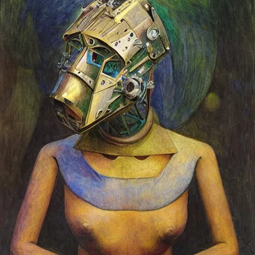 Image similar to the robot in her bird mask, by Annie Swynnerton and Diego Rivera , symbolist, dramatic lighting, elaborate geometric ornament, Art Brut, god rays, soft cool colors,smooth, sharp focus, extremely detailed, Adolf Wölfli and (Donato Giancola)