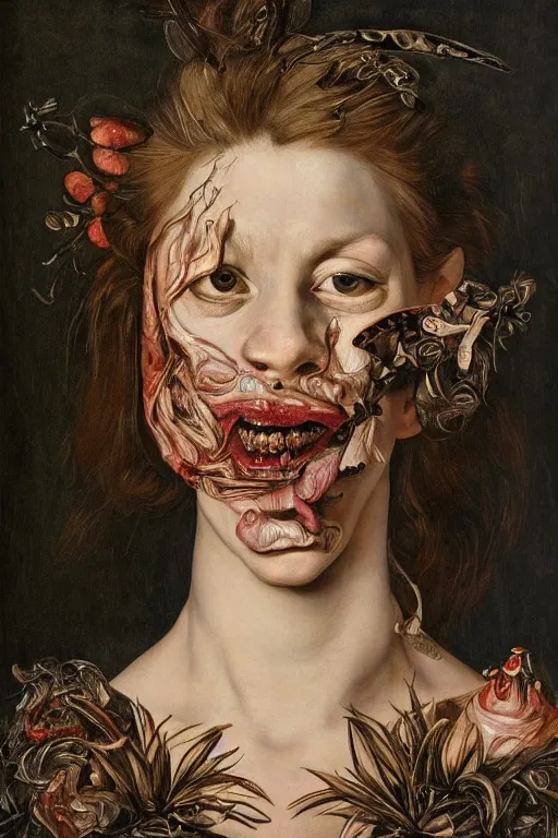 Prompt: Detailed maximalist portrait a with large lips and with large eyes, angry expression, fleshy botanical, HD mixed media collage, highly detailed and intricate, painting in the style of Caravaggio and Jenny saville, dark art, baroque