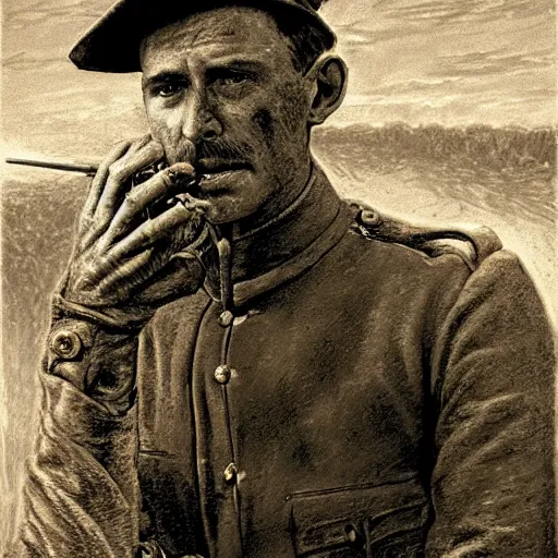 Image similar to a detailed photorealistic sepia - toned color portrait painting of a 1 9 1 7 worried clean - shaven british lieutenant in field gear in north arabia examining an ancient cylindrical clay jar, ultra realistic, intricate details, atmospheric, dark, horror, brooding, highly detailed, by clyde caldwell