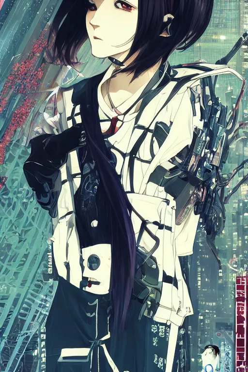 Prompt: professionally drawn shoujo mature cyberpunk detective horror romance manga comic cover full color, beautifully drawn coherent professional, drawn by ilya kuvshinov, ilya kuvshinov, alphonse mucha and tsutomu nihei. japanese script kanji hiragana on the cover. simplistic minimalist stylized cover art.