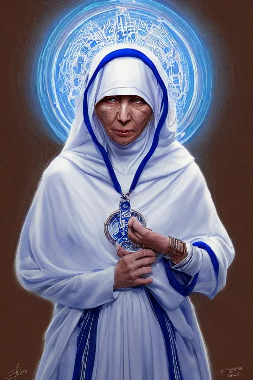 Prompt: Mother Theresa as a heroine in blue&white leather, intricate, elegant, highly detailed, centered, digital painting, artstation, concept art, smooth, sharp focus, illustration, art by artgerm and donato giancola and Joseph Christian Leyendecker, Ross Tran, WLOP