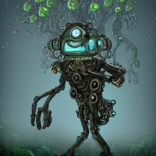 Prompt: Highly sophisticated microcosmic mechanical steampunk character with two robotic arms with five fingers and two short mechanical legs and two (((glowing))) eyes and one large head in mystical forest with glowing algae in the tree trunks and vines hanging from the branches, haunted, creepy ambiance, desaturated, fog, sharp focus, magical, refined, beautiful, eerie, artsy