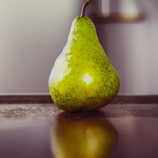 Prompt: an big pear made of solid ruby crystal is sitting on the white table, clear focus, bokeh effect, high res, hasselblad, dslr, professional, cinematic