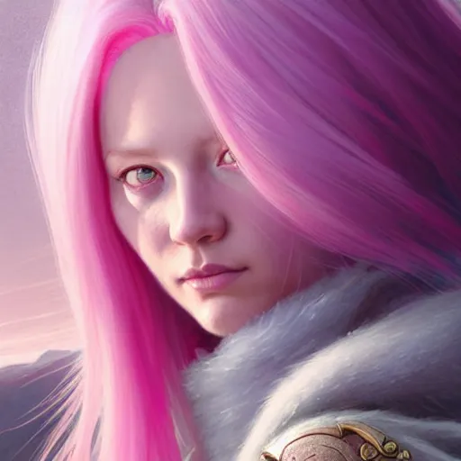 Image similar to pink haired mage medium portrait, female, glacier landscape, norway, d & d, fantasy, intricate, elegant, highly detailed, digital painting, pink and teal color palette, artstation, octane render, concept art, matte, sharp focus, illustration, herrarthstone, art by artgerm and greg rutkowski and alphonse mucha