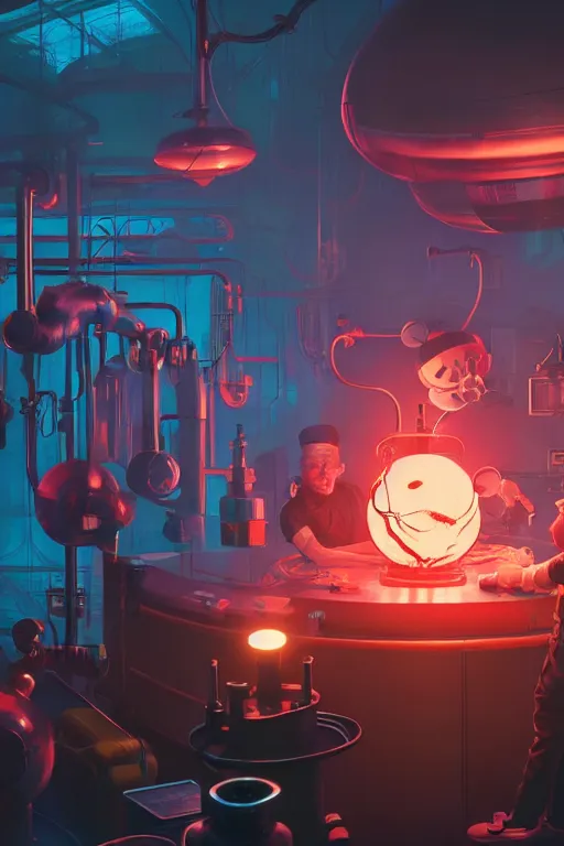 Image similar to bunch of mechanics operating bloody mickey mouse head in science facility, big glowing netflix logo behind, greg rutkowski, beeple, gilleard, alphonse mucha cgsociety, unreal engine, octane render, highly detailed 4 k art, smooth, sharp focus, cinematic lighting,